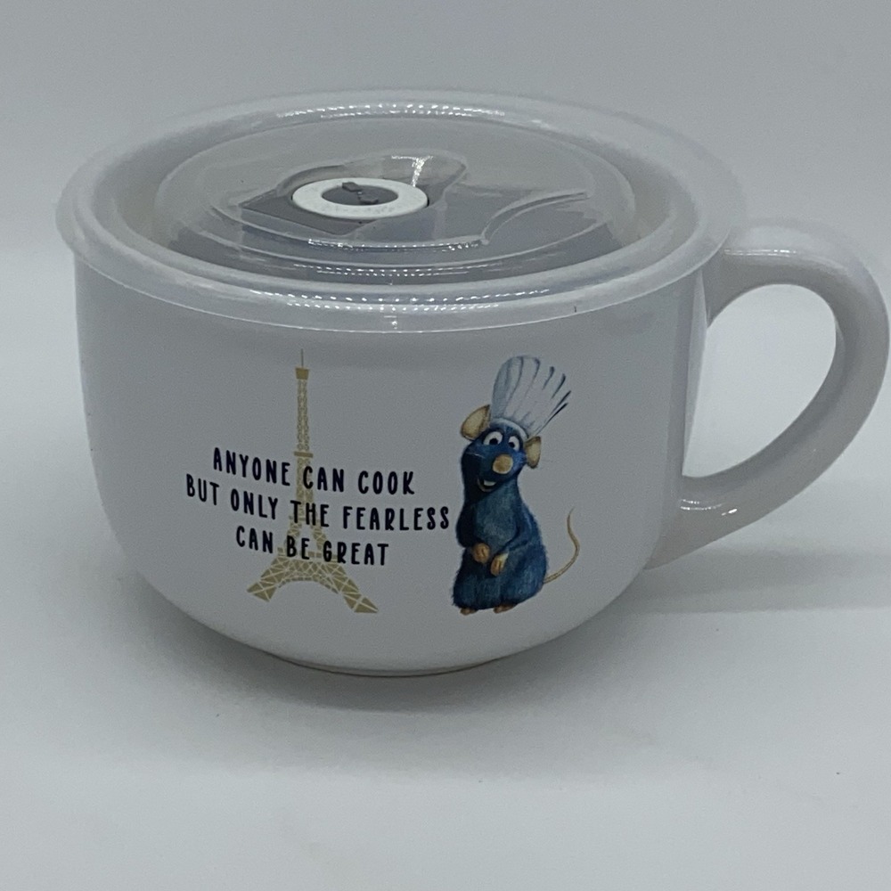 Ratatouille Disney Pixar Movie "Anyone Can Cook" Ceramic Soup Mug With Lid‎ EUC